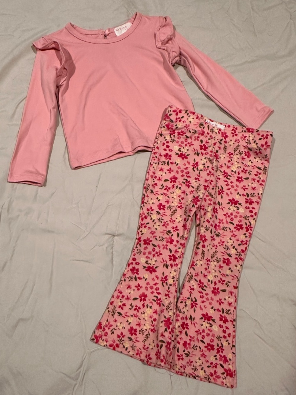 Girls Pink Ruffle Sleeve Top with Floral Flare Pants